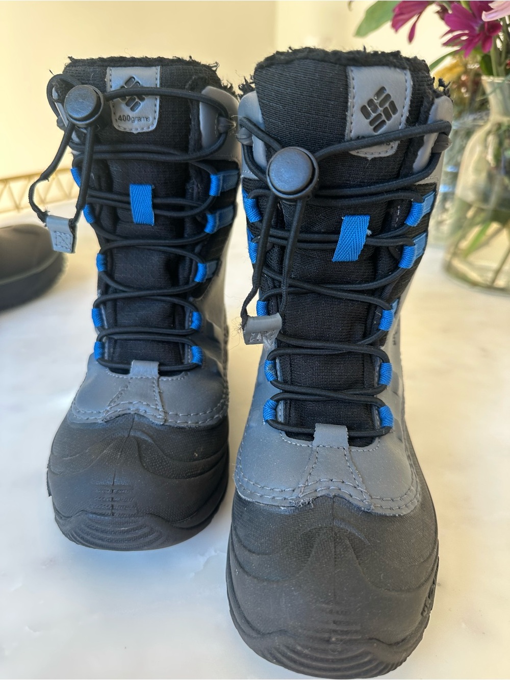 Columbia Black Gray Kids Snow Boots with Blue Accents
